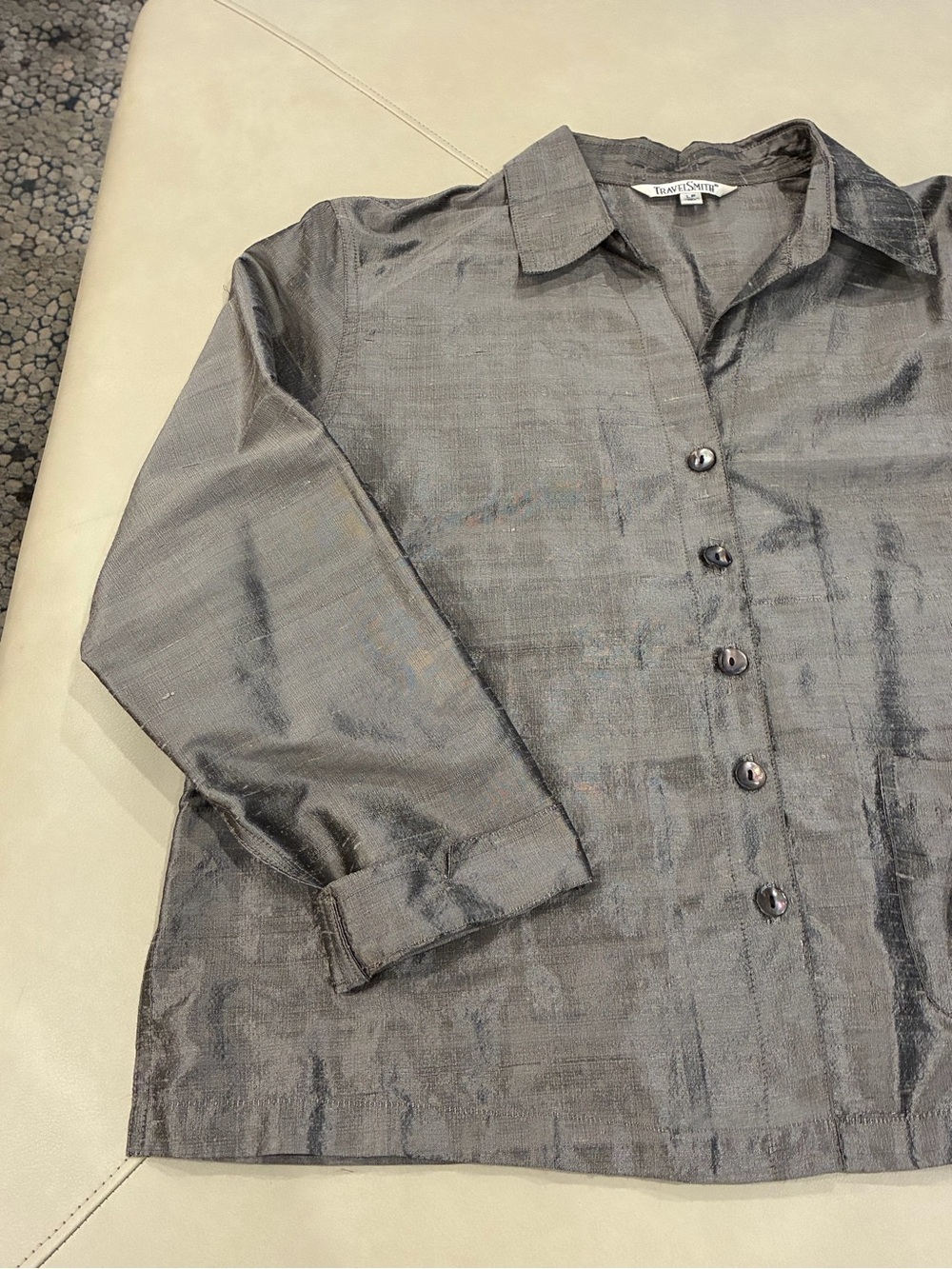 💯 Silk Large Evening Formal top Silver Metallic Gray Button-down Blouse w/collar - Picture 6 of 16